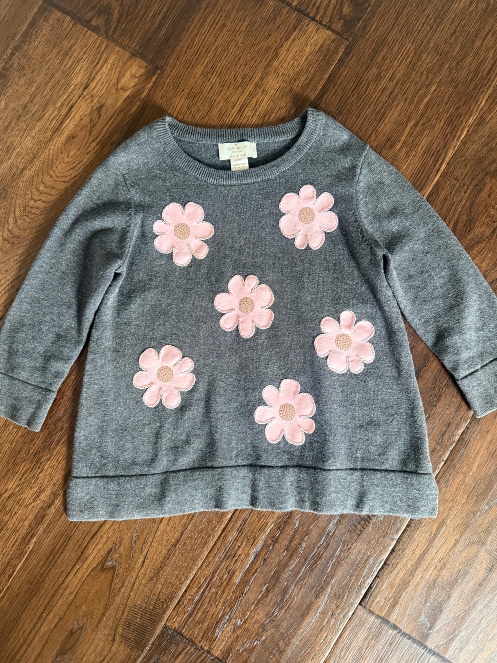 Girl’s Kate Spade Gray Sweater with Pink Flower Appliqués, Size 7y